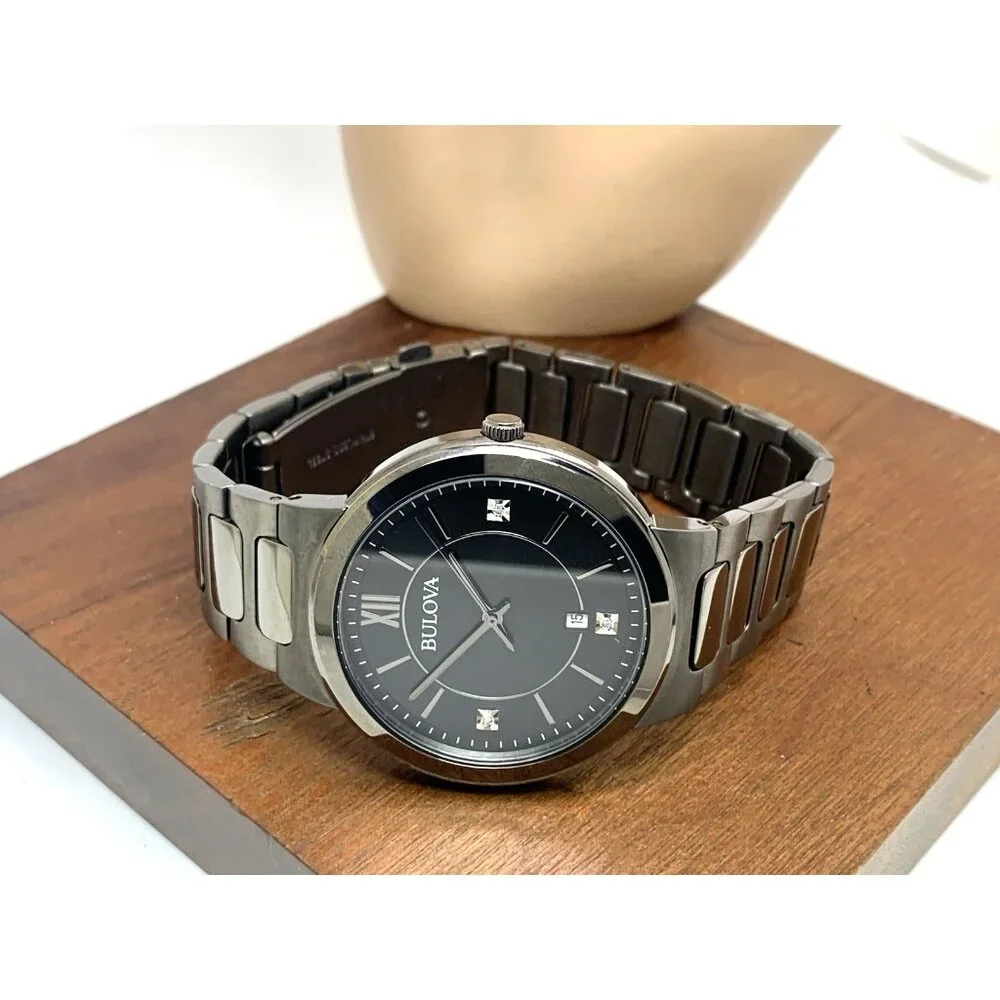 Bulova Mens Watch 98D162 Quartz Gunmetal Black Diamond Dial Stainless Steel 41mm